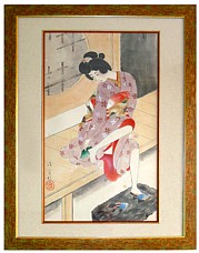 японская картина Девушка на пороге дома, 1920-е гг.