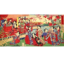 японская гравюра Император Мэйдзи с придворными дамами в дворцовом саду, 188-й г.